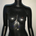 Rhinestone Fishnet Halter Crop Top - Backless Sheer