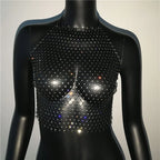Rhinestone Fishnet Halter Crop Top - Backless Sheer