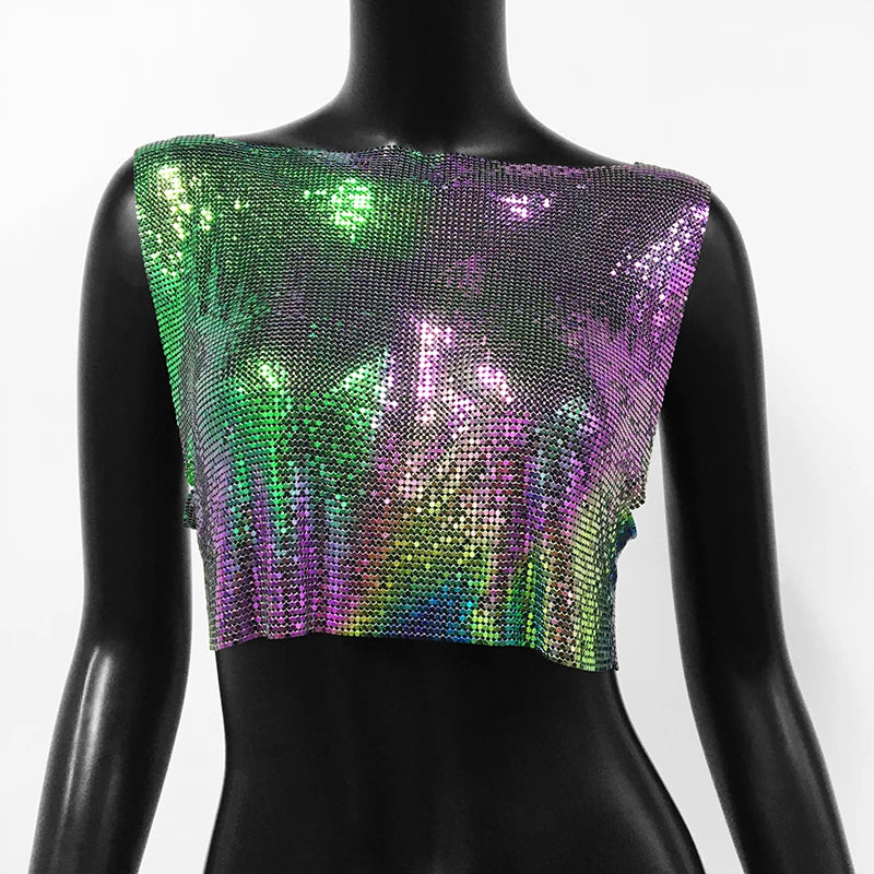 Handmade Metal Sequin Backless Crop Top