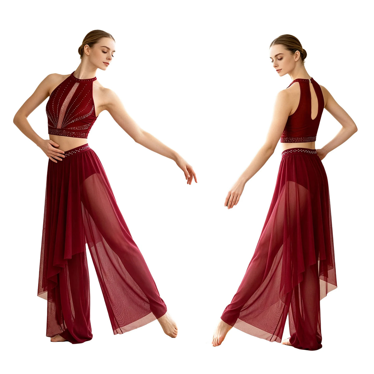 Rhinestone Crop Top & Sheer Pants Set | Lyrical Dance | Built-In Brief