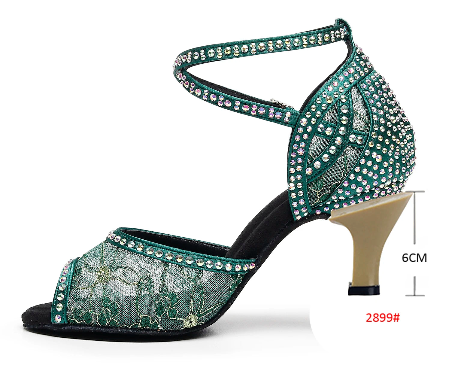 Rhinestone Lace Mesh Latin Dance Heels | Red & Green | 6–10cm