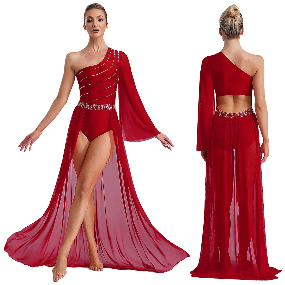 Women's Rhinestone One-Shoulder Lyrical Dance Dress | Flared Sleeve & Open-Front Mesh Maxi Skirt