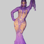 Purple Rhinestone Long Tail Dress - Luxury Crystal Performance Gown for Drag Queens & Performers