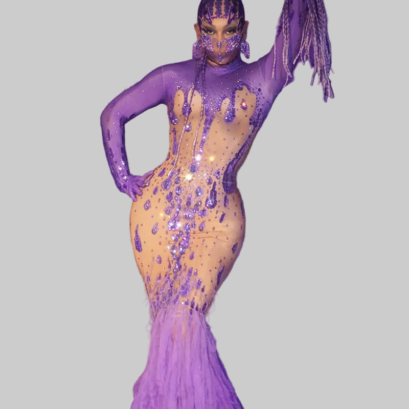Purple Rhinestone Long Tail Dress - Luxury Crystal Performance Gown for Drag Queens & Performers
