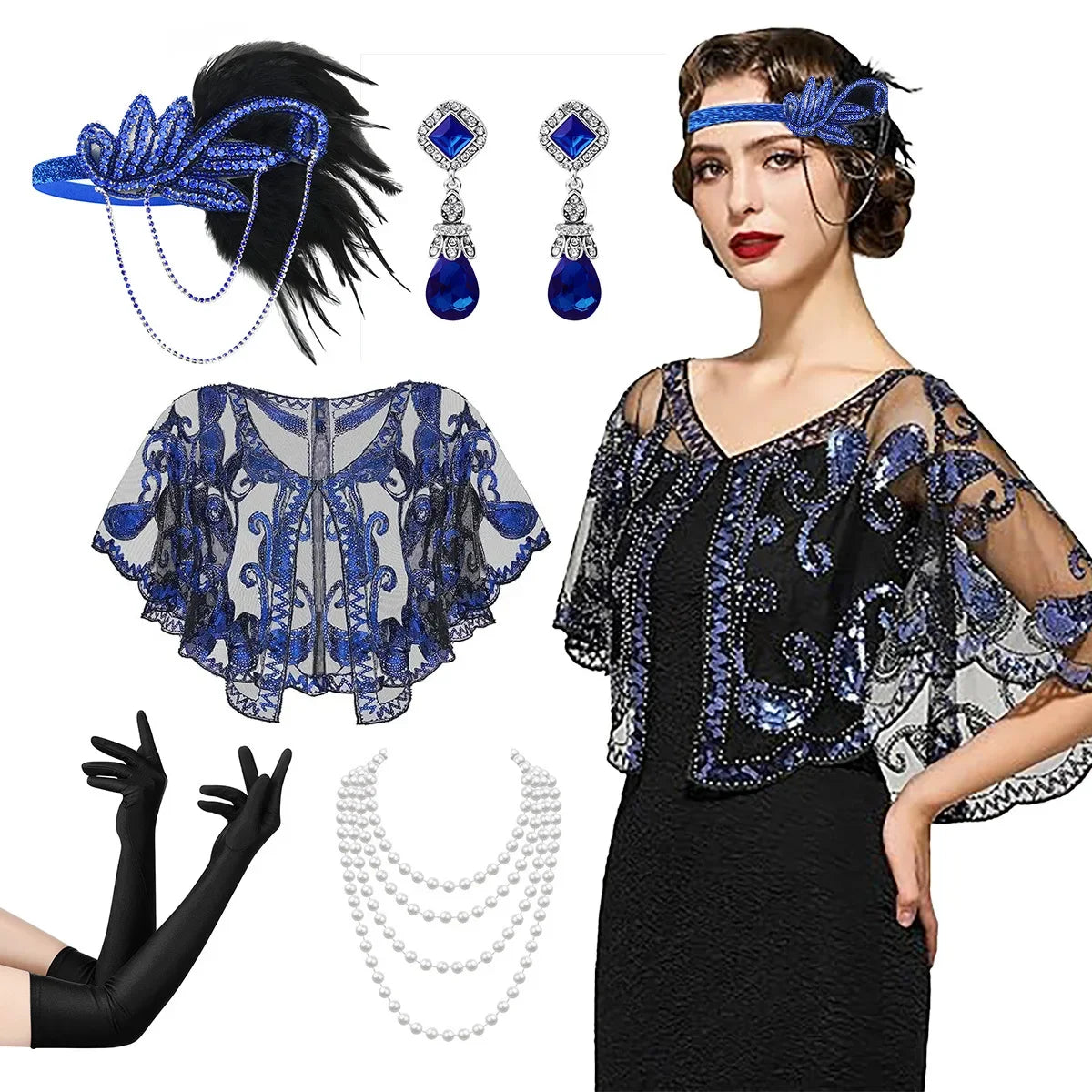 1920s Flapper Accessory Set | 5-Piece | Headband, Shawl, Gloves