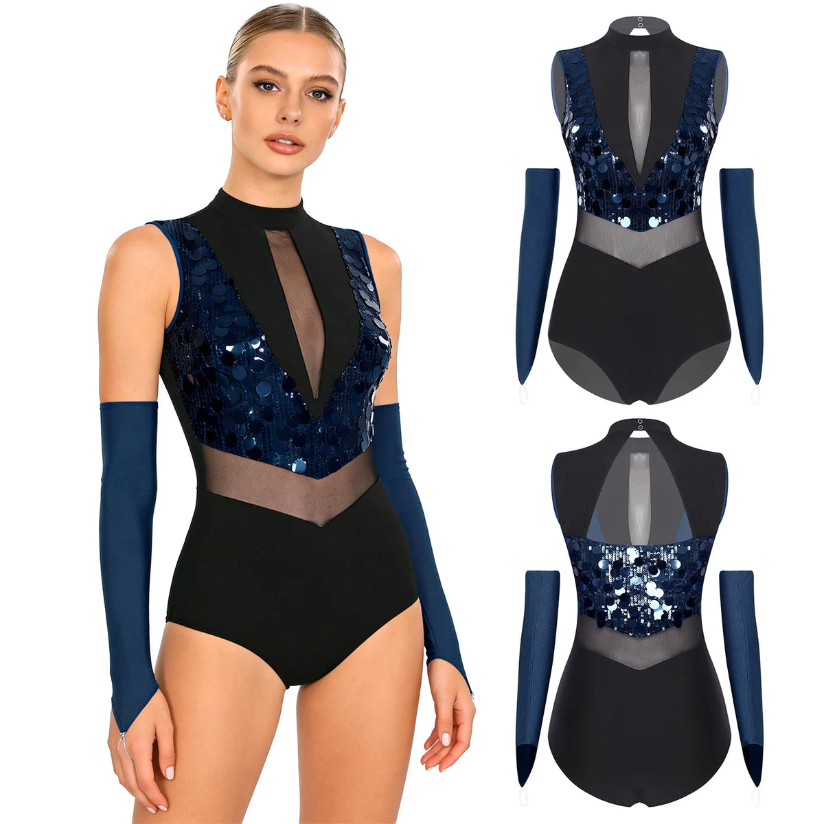 Women's Sequin Dance Leotard | Mock Neck & Sheer Mesh Waist | Includes Arm Sleeves