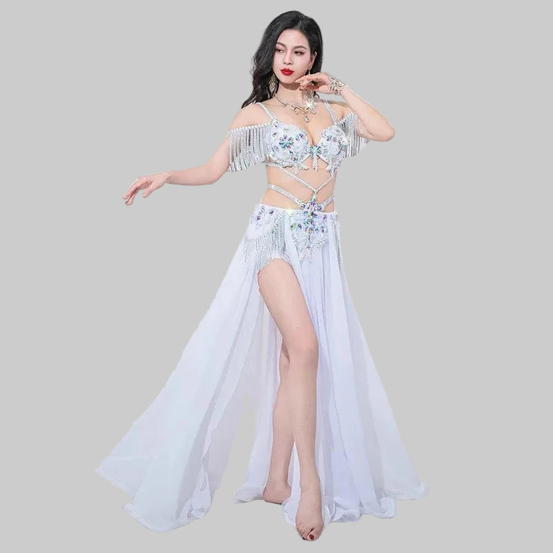 Egyptian Belly Dance Costume - Rhinestone Bra, Skirt & Long Sleeves Set
