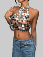 Acrylic Sequin Tassel Halter Crop Top - Handmade Backless Tank