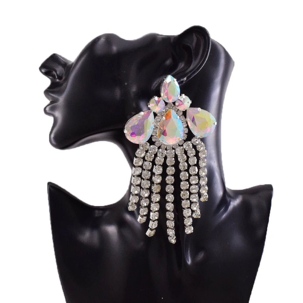 Crystal Rhinestone Tassel Drop Earrings | 12cm | Crystal, AB & Red