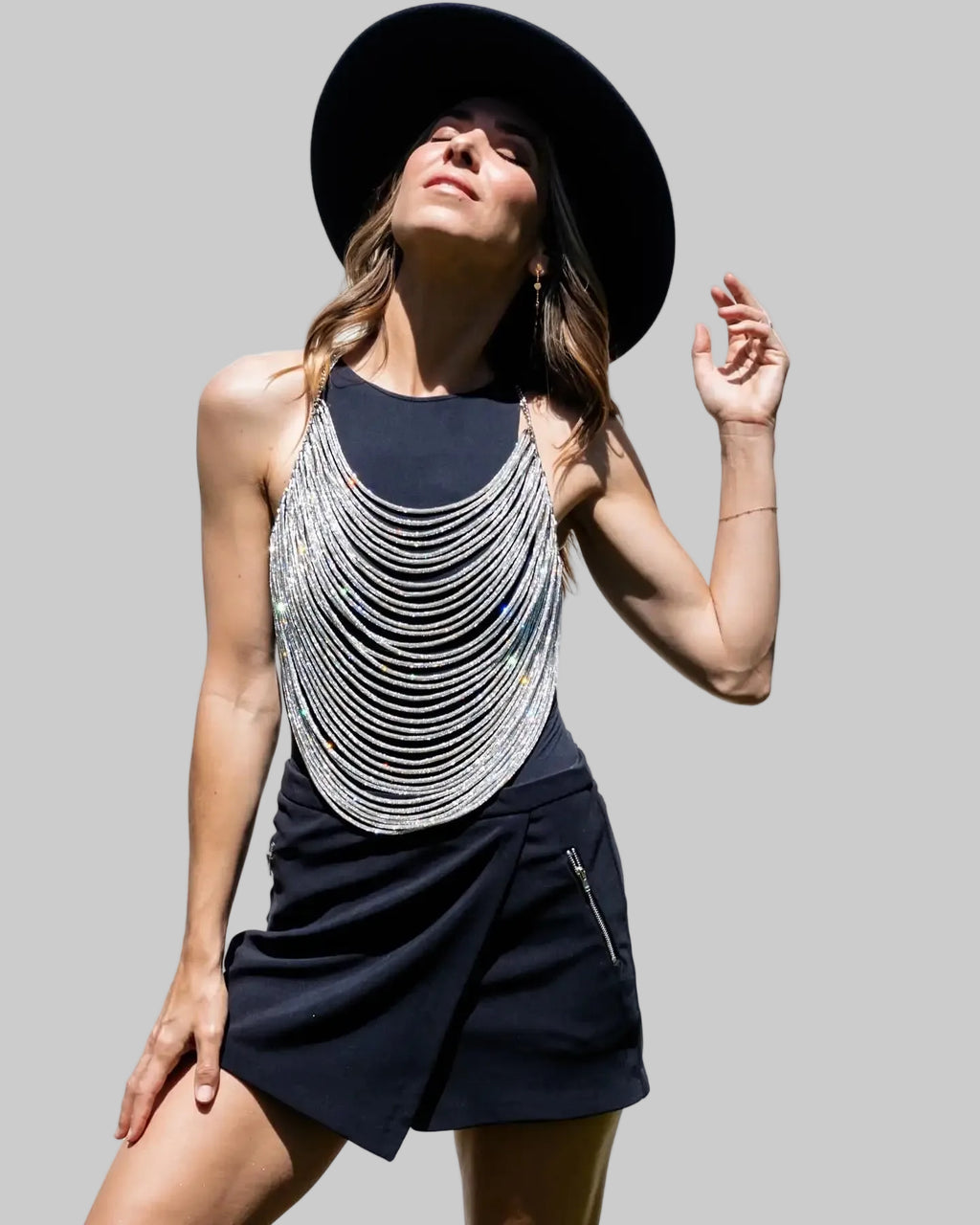 Rhinestone Tassel Halter Crop Top - Backless Chain V-Neck Festival Top