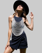 Rhinestone Tassel Halter Crop Top - Backless Chain V-Neck Festival Top