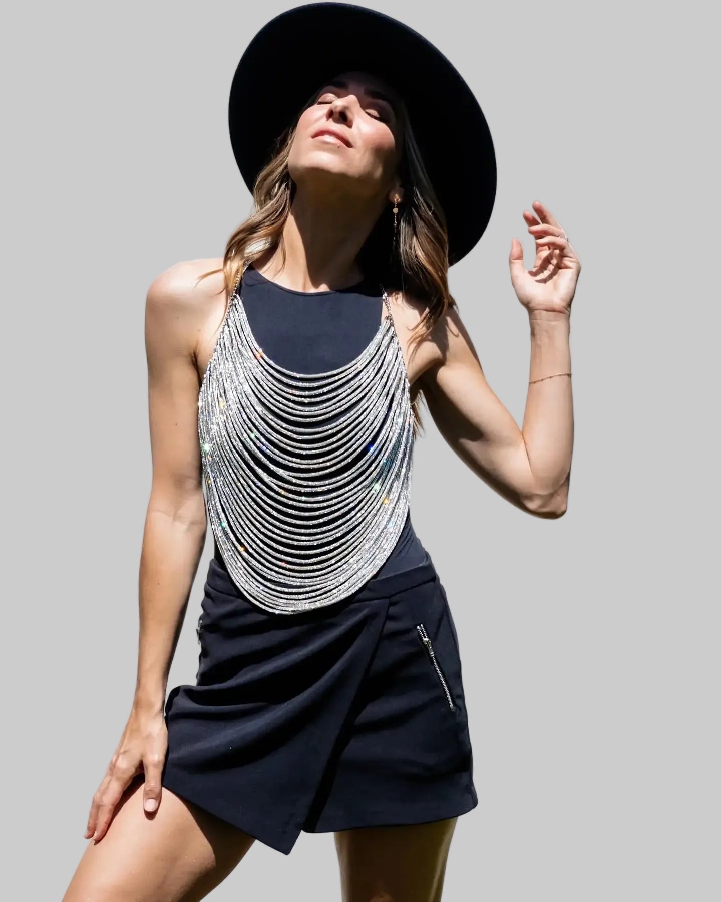 Rhinestone Tassel Halter Crop Top - Backless Chain V-Neck Festival Top