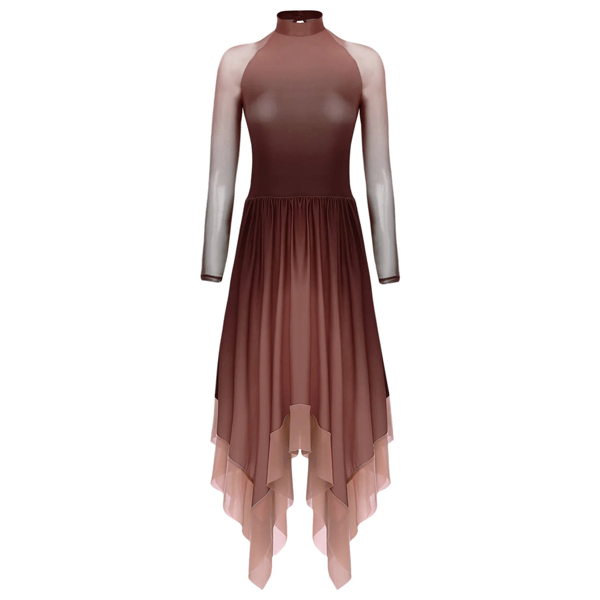 Gradient Lyrical Dance Dress | Mesh Long Sleeve | Keyhole Back | Irregular Hem