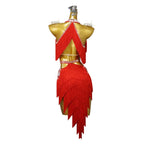 Red Rhinestone Latin Dance Dress with Fringe & Crystal Details