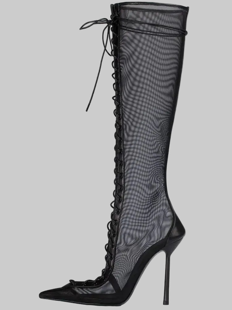 Mesh Lace-Up Knee-High Boots - Pointed Toe Stiletto Heels for Stage & Performance