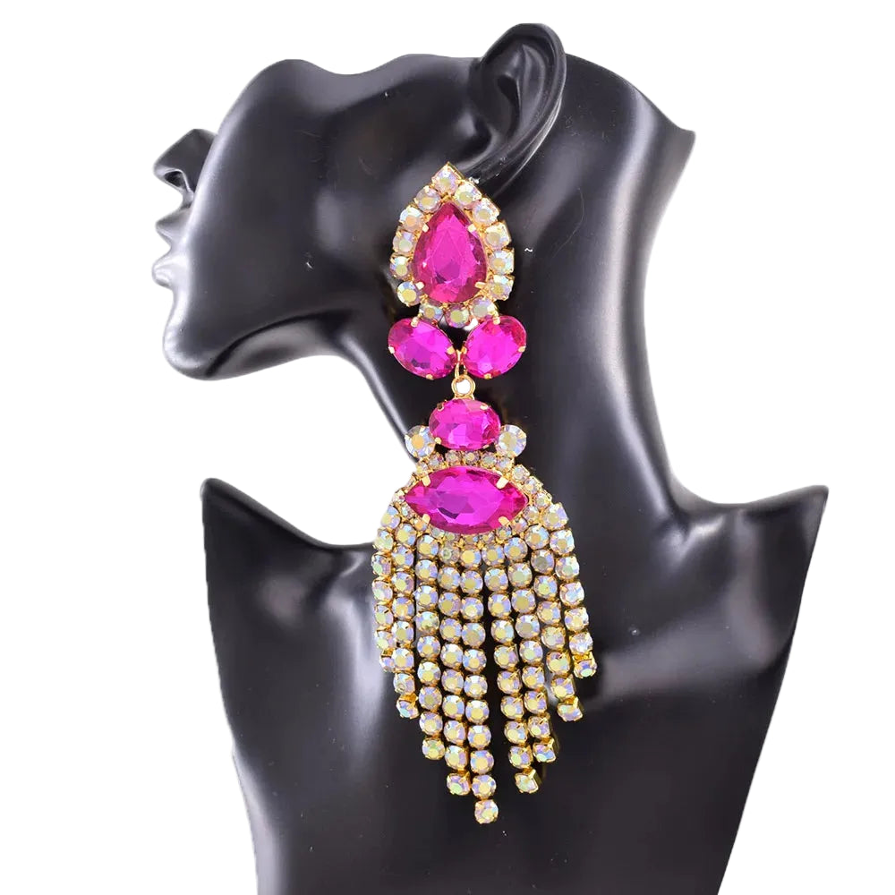 Rhinestone Clip-On Earrings | Long Tassel