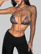 Rhinestone Bra Top & Mesh One Shoulder Tee Set - 2-Piece Festival Outfit