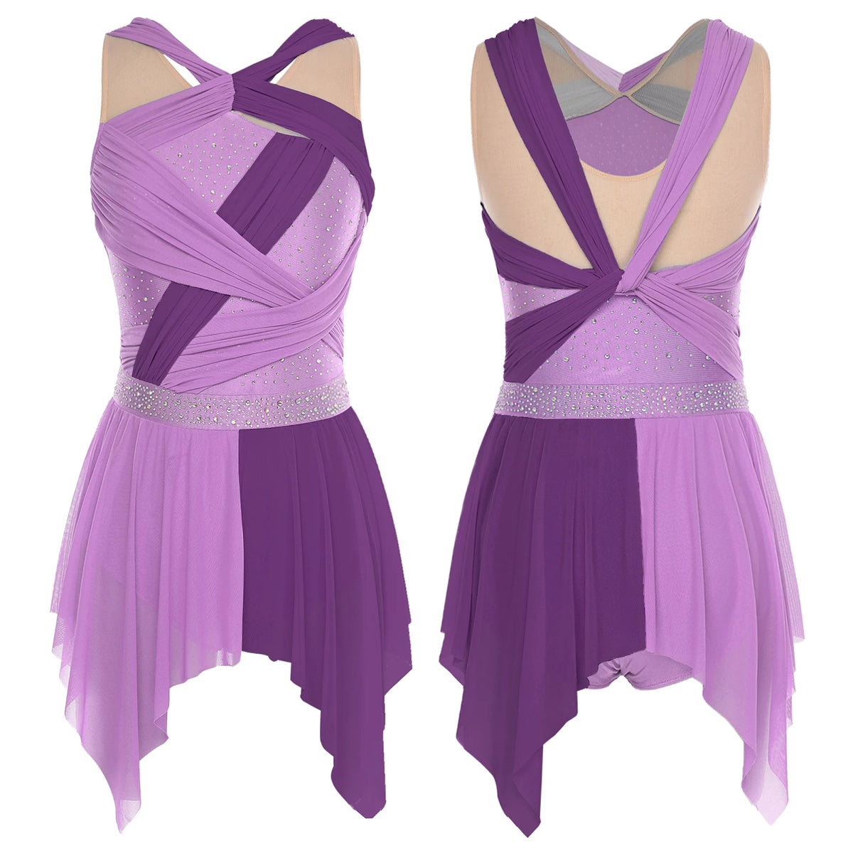 Color-Block Lyrical Dance Dress | Twisted Knot | Irregular Hem | Rhinestone
