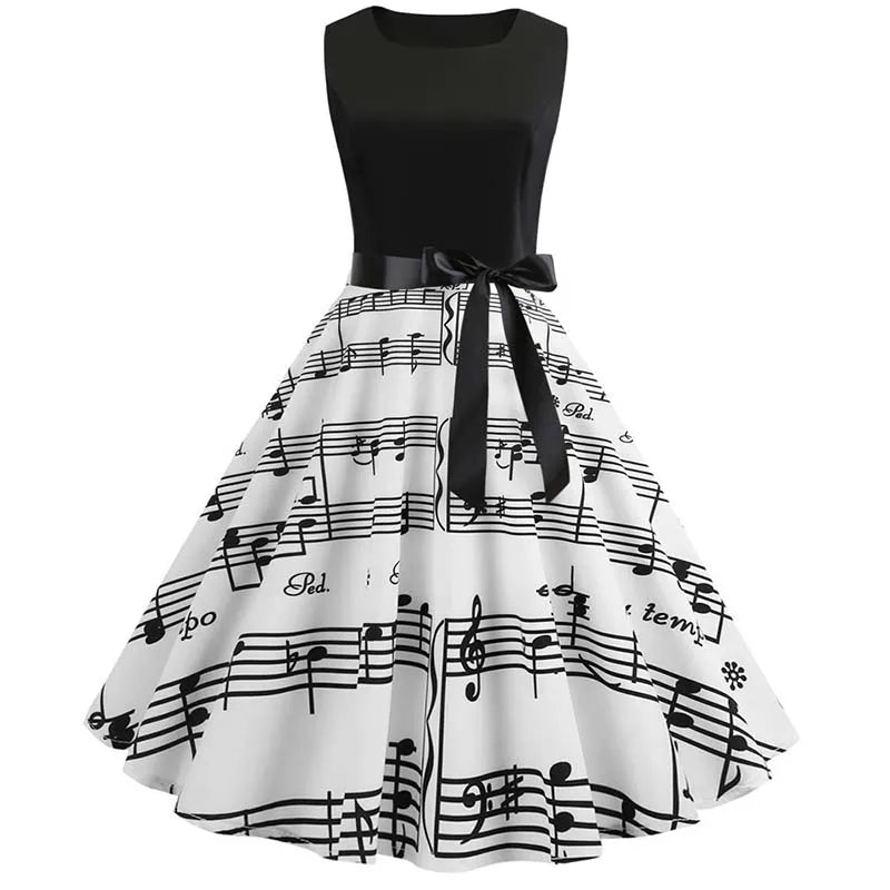 Music Note Print Midi Dress | Sleeveless | High Waist