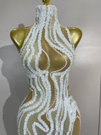 Pearl Strand Mesh Gown | See-Through | High Neck | White