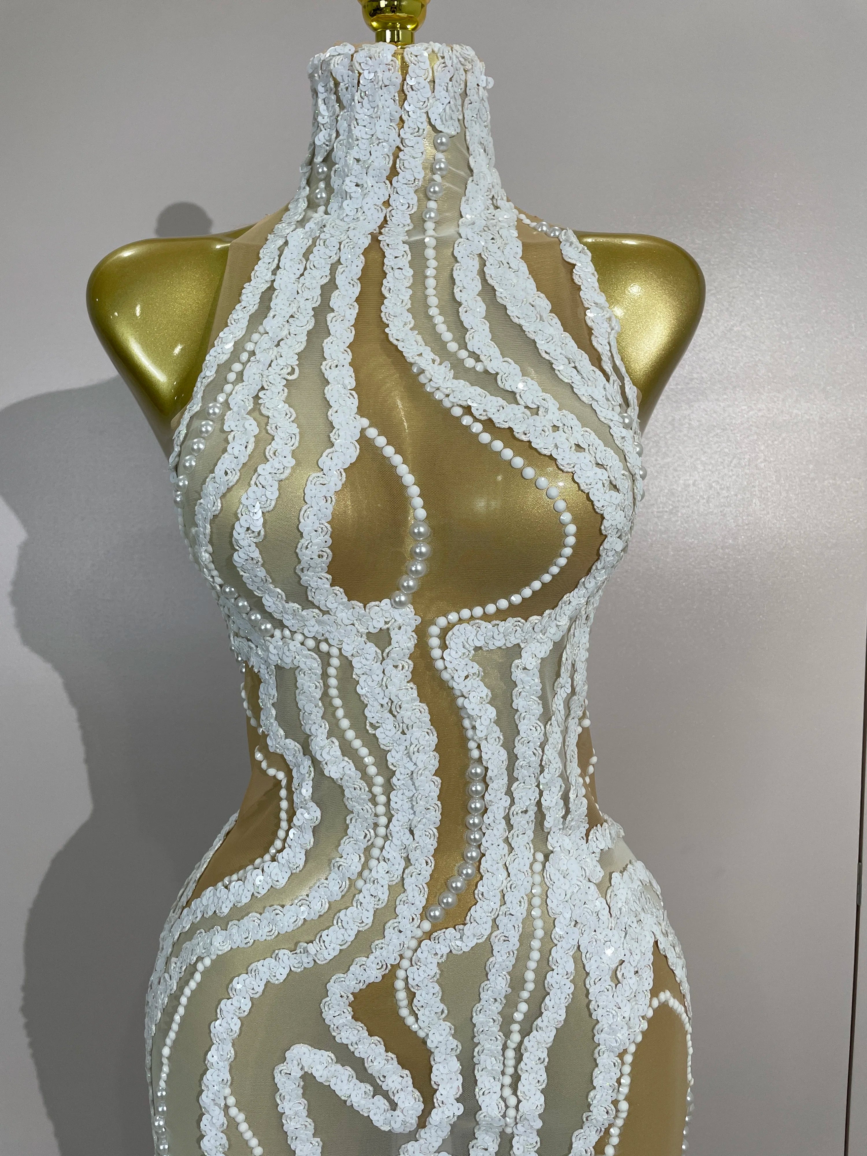 Pearl Strand Mesh Gown | See-Through | High Neck | White