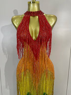 Rainbow Rhinestone Mesh Gown | Stage Performance Dress