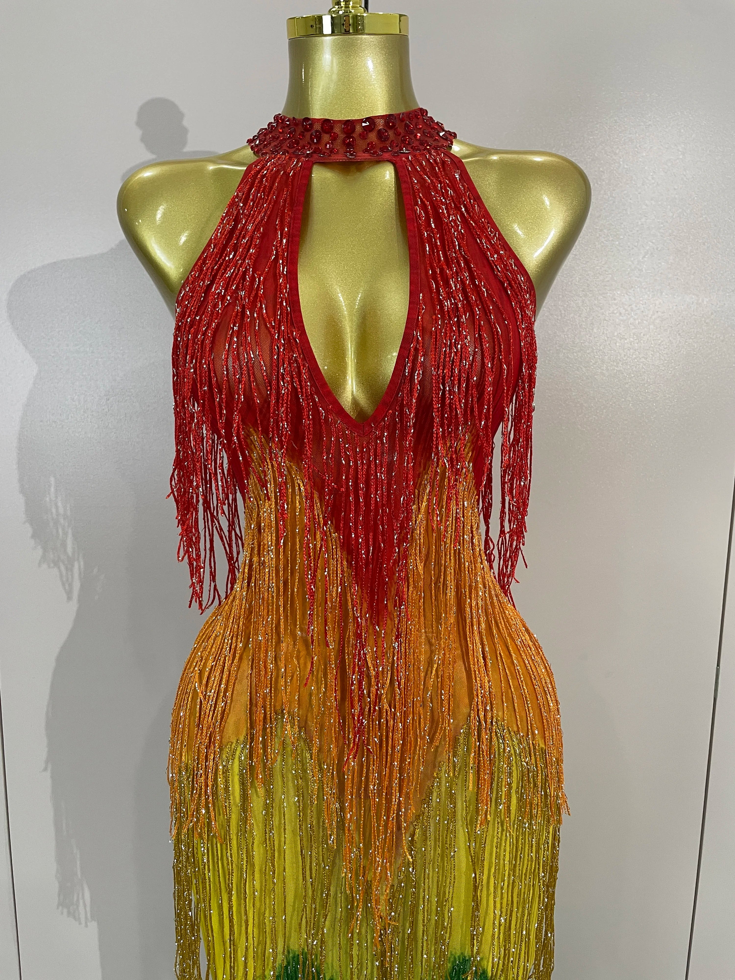 Rainbow Rhinestone Mesh Gown | Stage Performance Dress