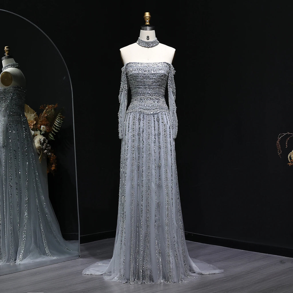 Beaded Off-Shoulder Gown | Choker & Long Sleeves | Grey, Pink, Champagne