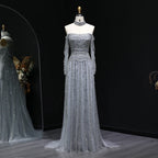 Beaded Off-Shoulder Gown | Choker & Long Sleeves | Grey, Pink, Champagne