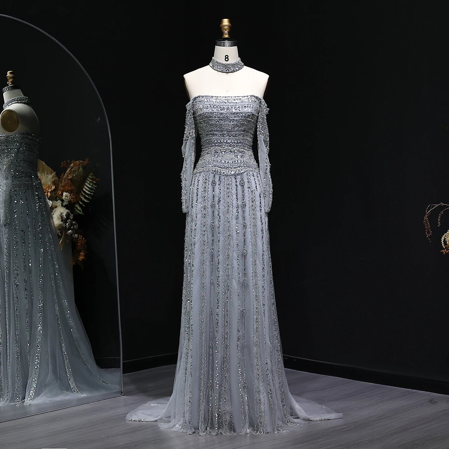 Beaded Off-Shoulder Gown | Choker & Long Sleeves | Grey, Pink, Champagne