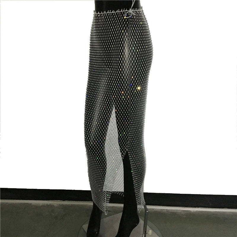 Rhinestone Fishnet Mesh Maxi Skirt - Sheer Split Beach Party Skirt