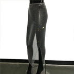 Rhinestone Fishnet Mesh Maxi Skirt - Sheer Split Beach Party Skirt