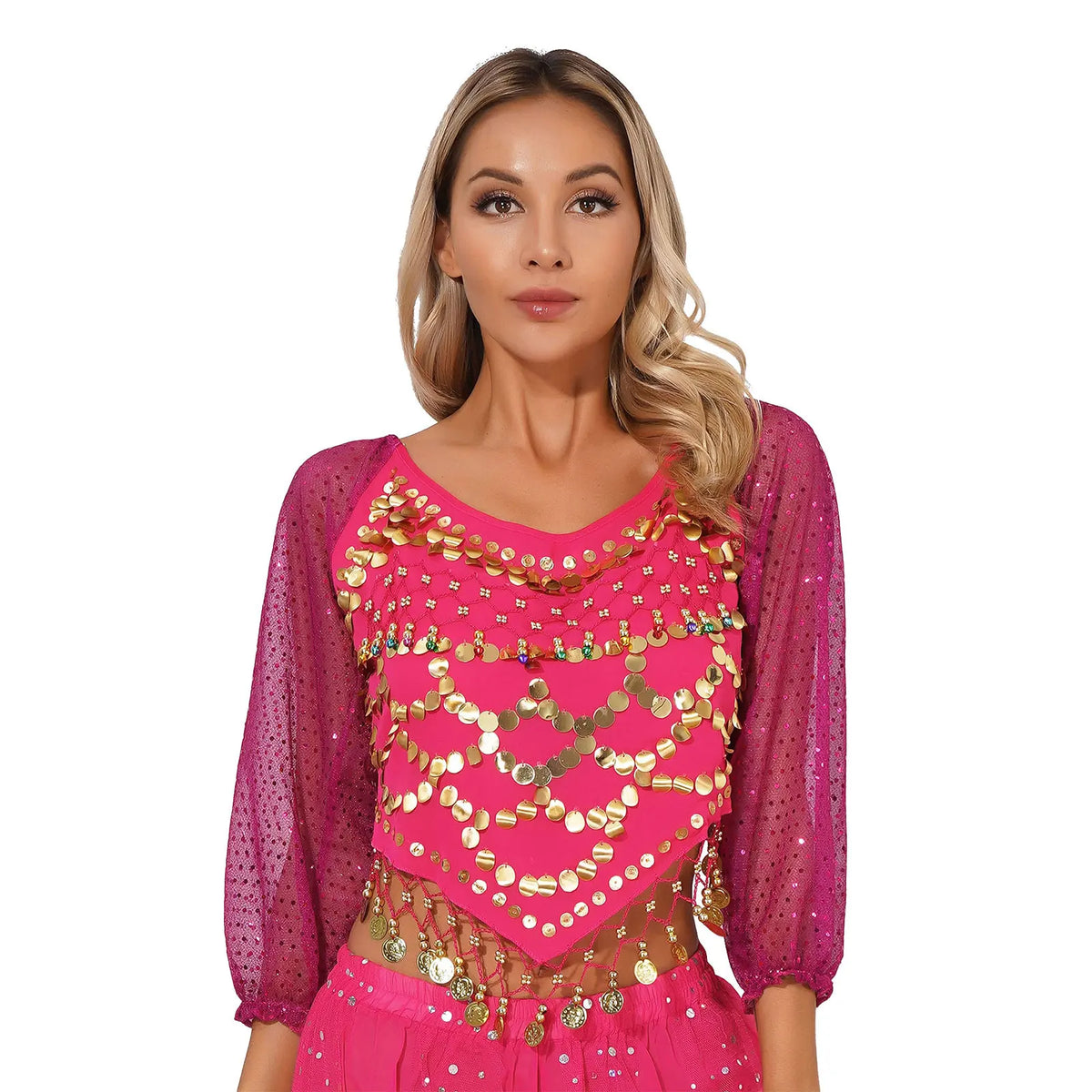 Sequined Belly Dance Crop Top | Coin & Bell Trim | Lace-Up Back
