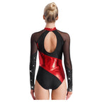 Metallic Rhinestone Leotard | Mesh Panel | Long Sleeve