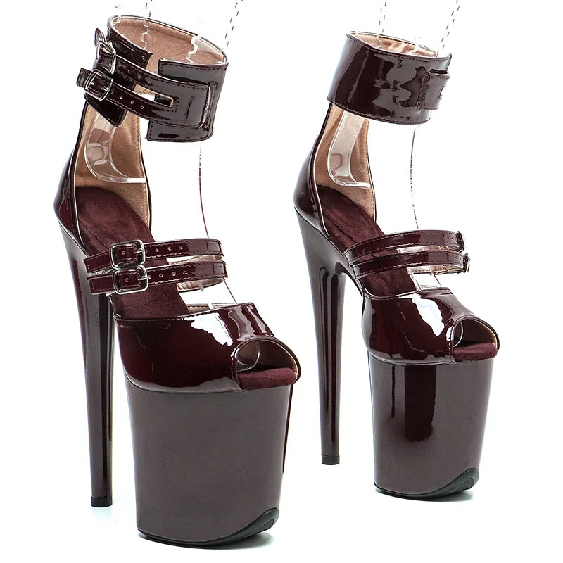 Patent Open-Toe Platform Sandals – 8-Inch Pole Dance Heels, Wine Red