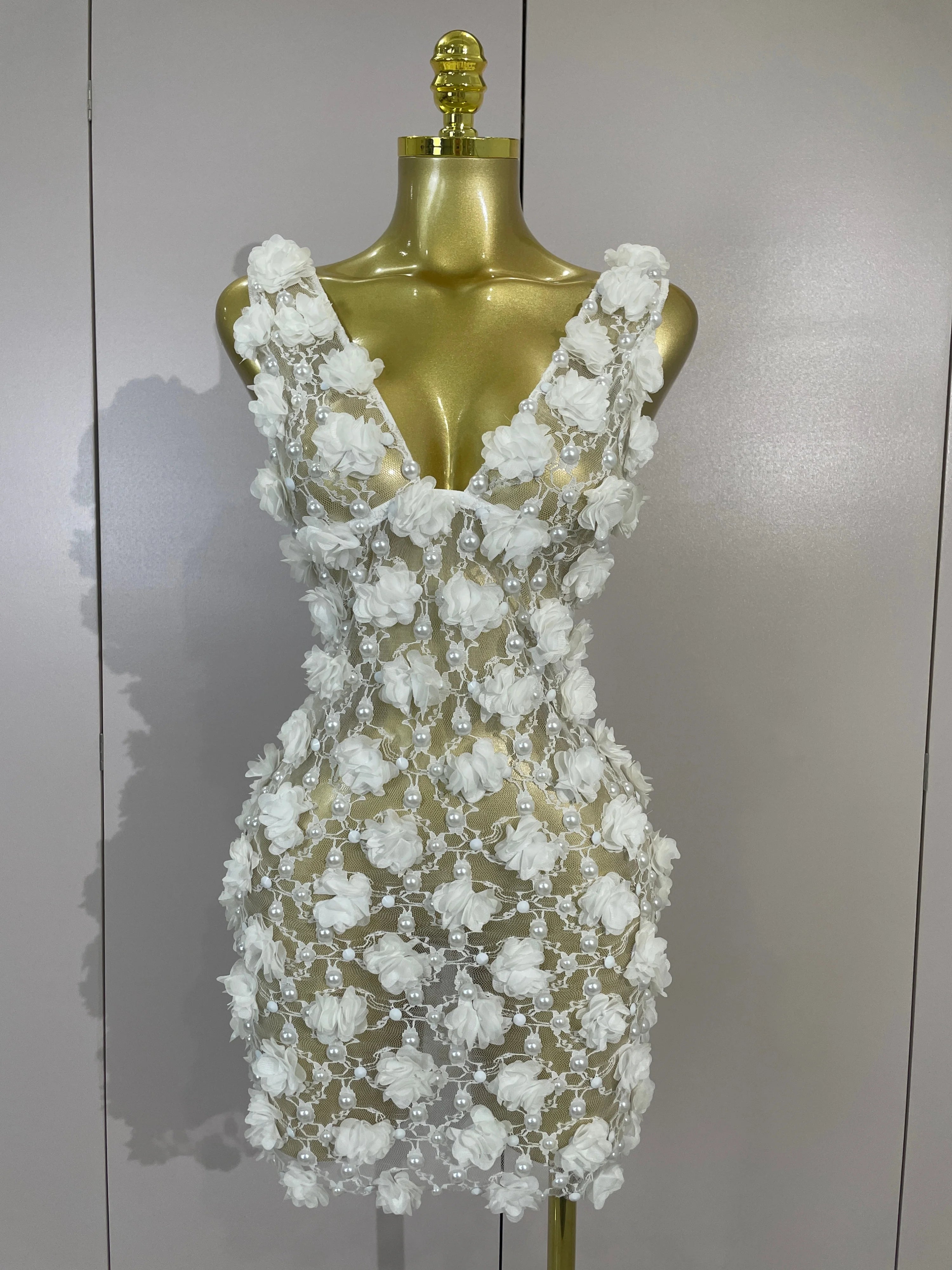 Pearl Flower Mesh Mini Dress | 3D Appliqué | V-Neck | Stage & Club