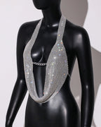 Rhinestone Chain Halter Crop Top - Metal Chain Strap Festival Top