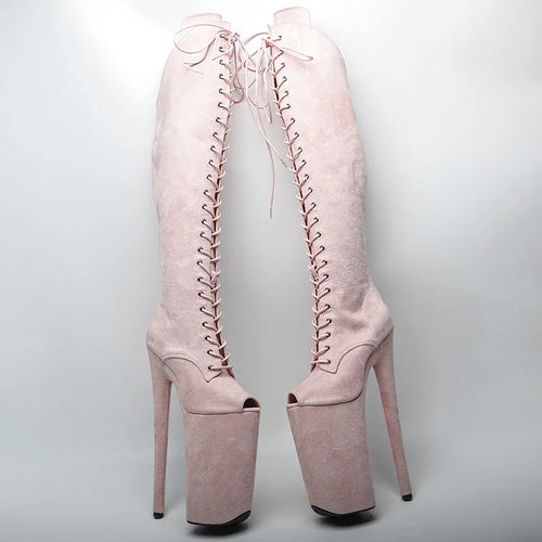 26cm Thigh-High Platform Boots - Open Toe Lace-Up Dance Boots