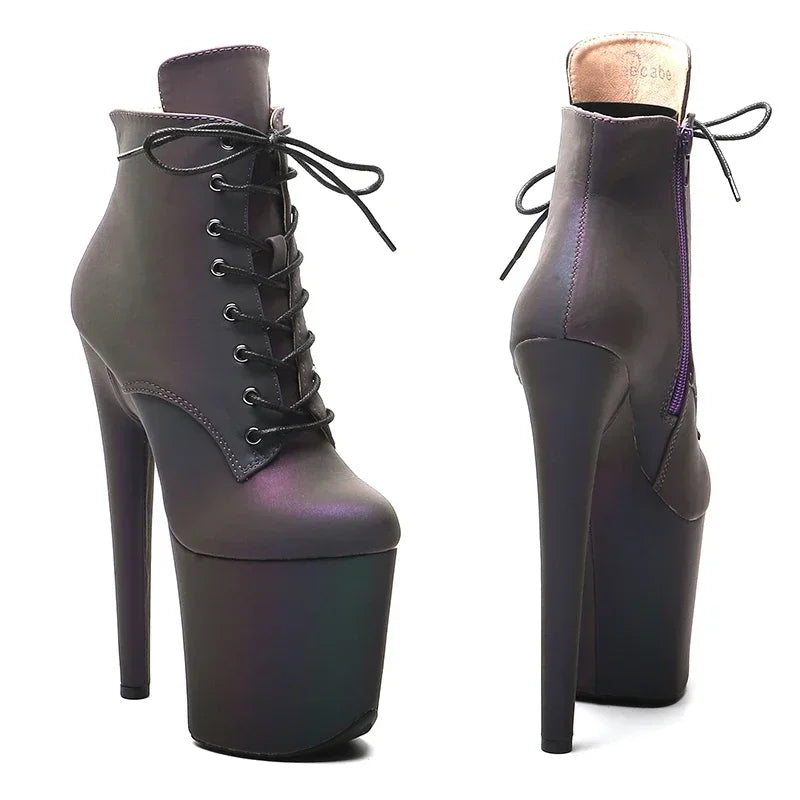 8-Inch Reflective Platform Ankle Boots - Peep Toe Ankle Strap Dance Boots