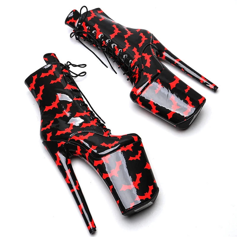 9-Inch Bat Pattern Platform Boots - Patent Ankle Dance Boots