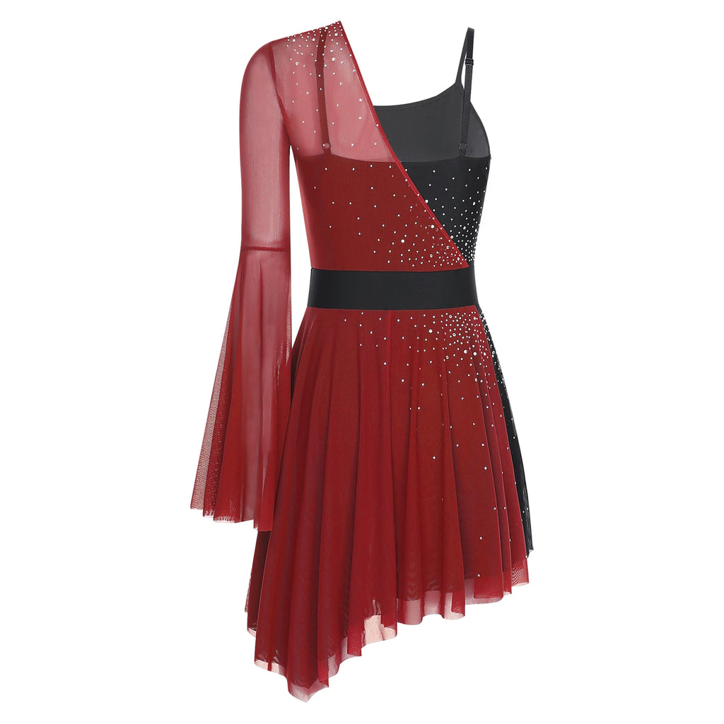Women's Color-Block Flare Sleeve Dance Dress | Asymmetric Mesh Hem & Built-In Briefs