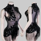 Sexy Mesh Sheer Black Rhinestone Bodysuit