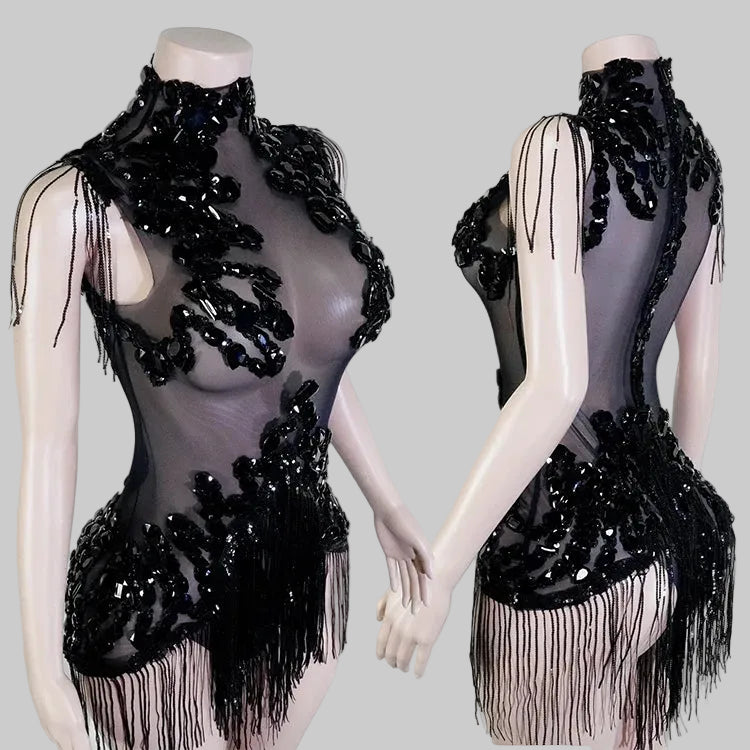 Sexy Mesh Sheer Black Rhinestone Bodysuit