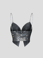 Glitter Rhinestone Fishnet Crop Top - Mesh V-Neck Festival Tank