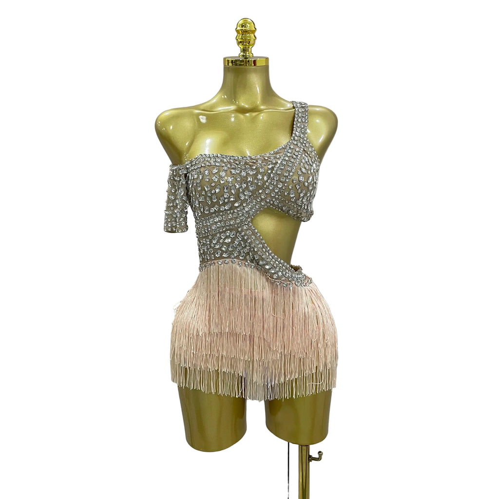 Rhinestone Mesh Bodysuit & Tassel Skirt Set | With Gloves | S–XL