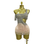 Rhinestone Mesh Bodysuit & Tassel Skirt Set | With Gloves | S–XL