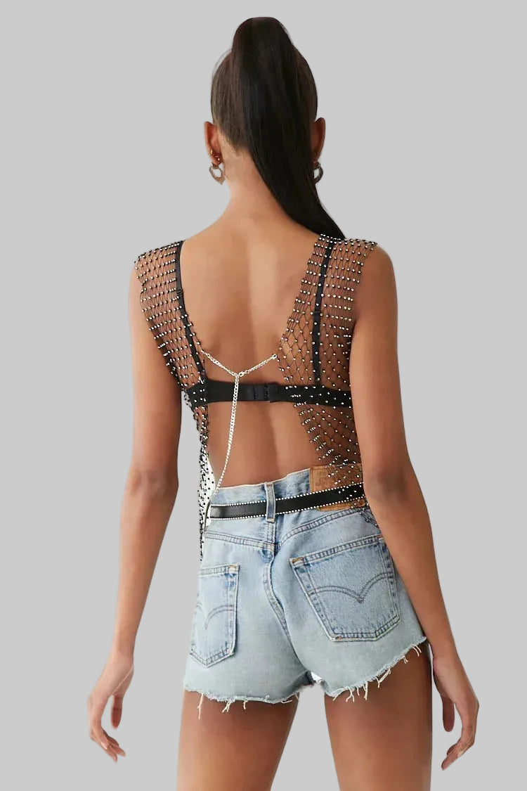 Fishnet Rhinestone Crop Top - Sheer Mesh Tank with Crystal Diamonds