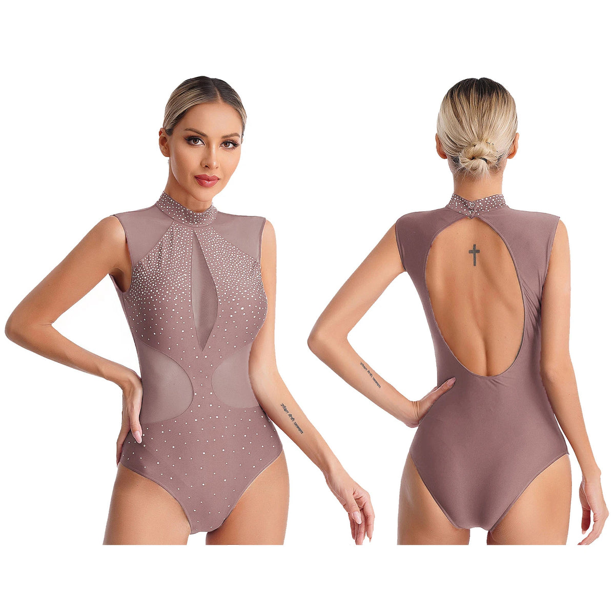 Women's Rhinestone Asymmetric Jumpsuit | One Long Leg & Sheer Mesh Illusion | Performance Bodysuit