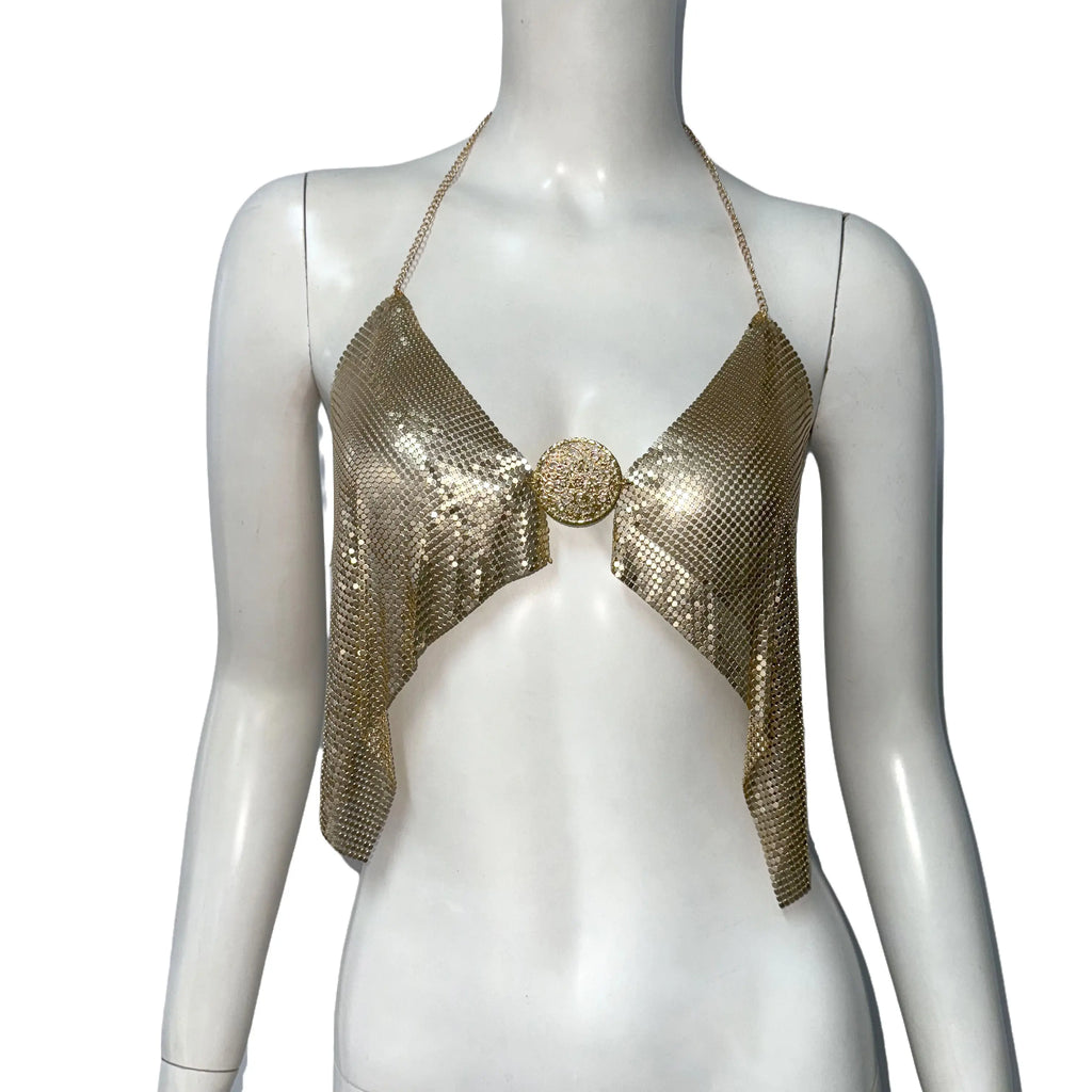 Metallic Sequin Halter Crop Top - Deep V-Neck Backless