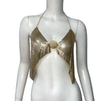 Metallic Sequin Halter Crop Top - Deep V-Neck Backless